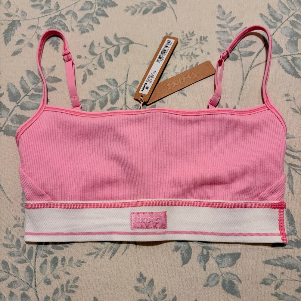 SKIMS Pink Ribbed Bralette with White Contrast Band